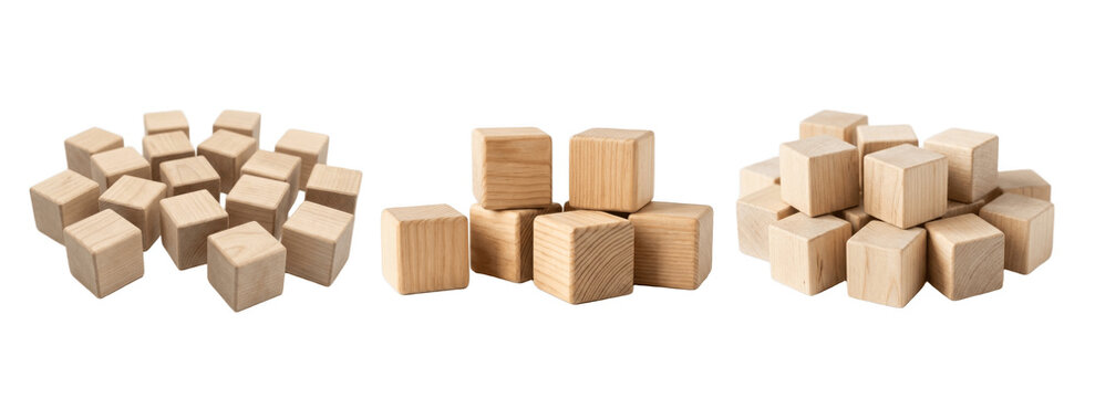 A set of wooden cube blocks, natural unfinished blank square pieces for DIY crafts, counting, stacking, Montessori learning toys isolated on white PNG

