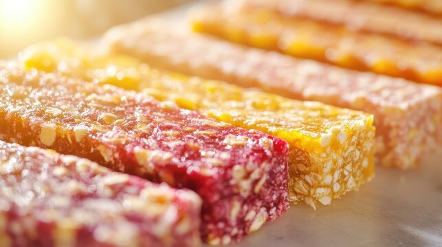 Close-up view of colorful energy bars with vibrant textures, arranged for retail showcase.