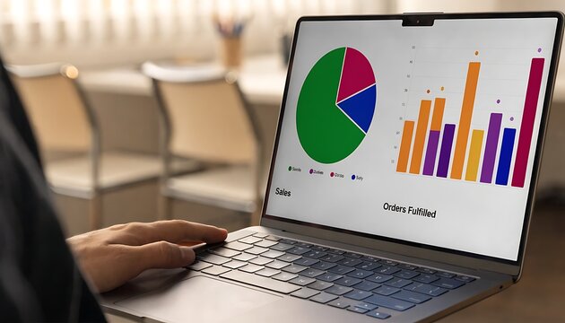 Close-up of a laptop screen displaying colorful pie chart and bar graph analytics, with a person's hand resting on the keyboard and blurred office