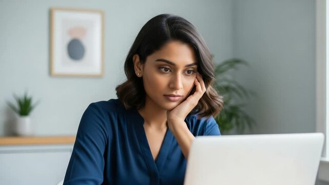 Young South Asian woman looking at laptop screen with thoughtful expression in home office
