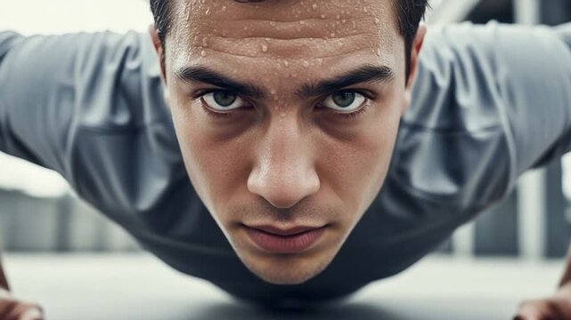 Young athletic man doing pushups with intense focus and sweat on forehead during high intensity interval training