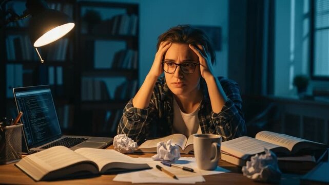 Stressed young female student studying late at night with laptop and books in dark home office