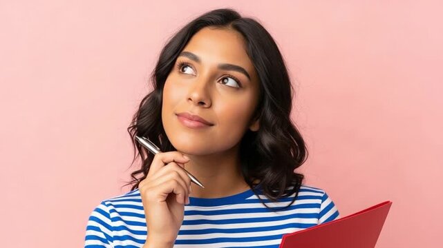 Thoughtful young woman holding a pen and red folder looking up against a pink background