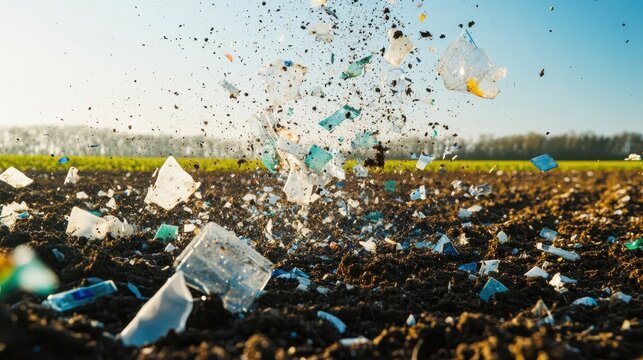 Plastic debris and microplastics scattered across an agricultural field under a clear sky