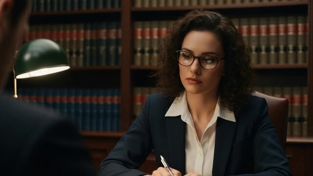 Professional Female Attorney in Suit Consulting Client in Law Office Library