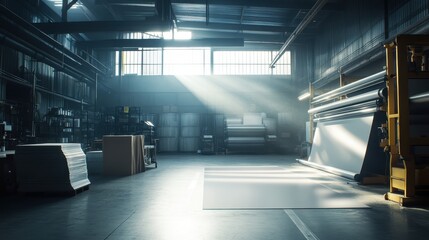 Obraz premium Sunlight Streams Through Industrial Warehouse Interior Illuminating Production Machinery and Stacked Materials