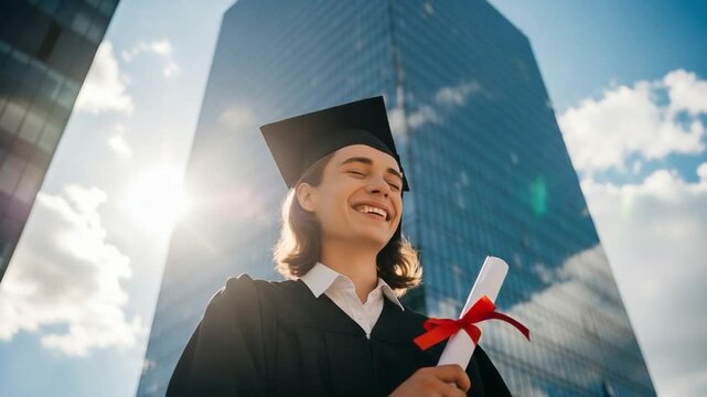 Young female graduate in cap and gown holding diploma in front of modern corporate skyscraper building