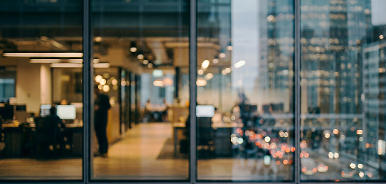 A modern office space seen through glass windows, featuring blurred workstations and city skyline views. The scene captures a professional environment.