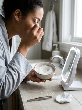 Black Woman in Robe Applying Salt with Cotton Swab on Eyebrow Area After Waxing to Slow Hair Regrowth in Bathroom with LED Mirror