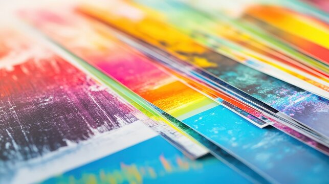 Vibrant color print samples arranged for evaluation showcasing diverse hues and gradients