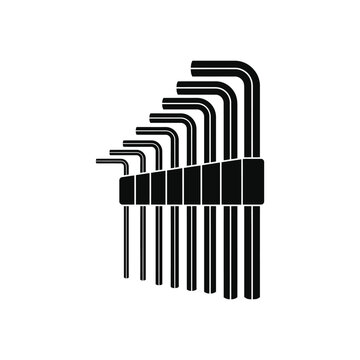 Set of black hex keys, also known as Allen wrenches, arranged in a holder, depicted as a clean and minimalist vector illustration on a plain white background.
