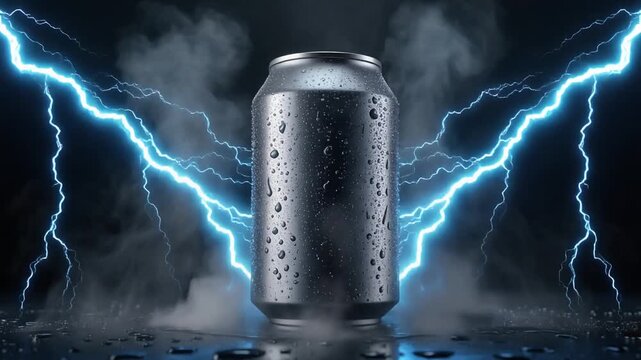 Dynamic Metallic Beverage Can with Cold Condensation, Rising Smoke, and Striking Blue Lightning Flashes on Dark Background, Cinematic Full HD Motion Video Loop