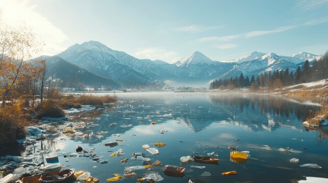 Plastic debris pollutes a serene mountain lake, reflecting snowy peaks and a clear sky, a stark reminder of environmental neglect.