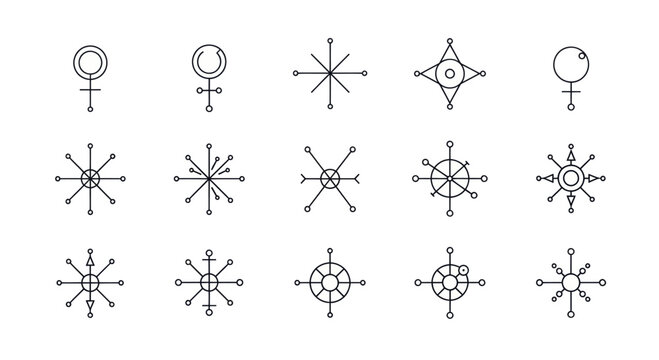 Set of various geometric and symbolic line art icons.