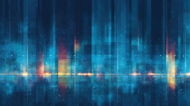 Digital abstract composition displays vertical bands of light and scattered particles over a dark blue background