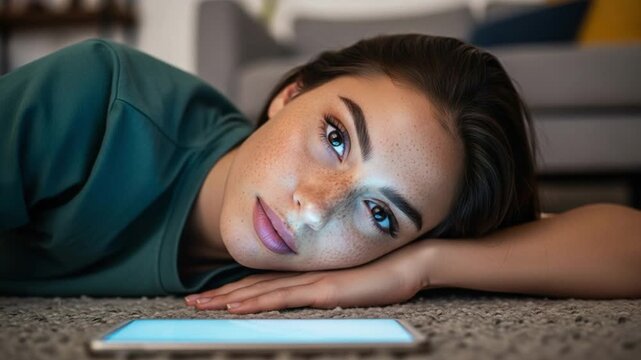 Young woman with freckles lying on carpet looking at glowing smartphone screen in dark room at night