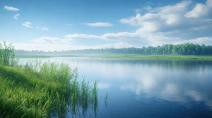 Obraz premium Serene lakeside landscape with calm blue waters reflecting a bright sky and lush green shore