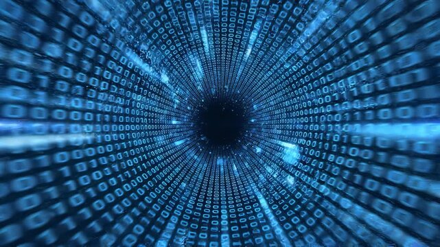 Abstract blue digital binary code tunnel with glowing light particles and data motion blur, concept for cybersecurity infrastructure, big data analytics and global communication network