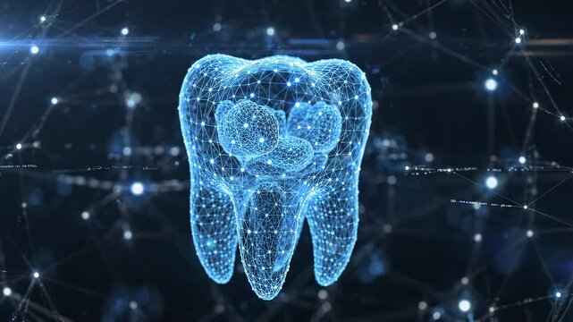 Glowing blue digital wireframe of a human tooth molar with plexus data connections on dark futuristic background, concept for modern dentistry technology, AI dental care and surgical planning