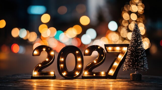 Illuminated numerals signifying the upcoming year rest beside a small evergreen decoration against a backdrop of city lights.