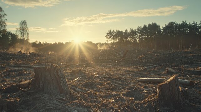 The harsh reality of widespread deforestation in a logging area, featuring prominent tree stumps and felled timber under a bright, sunlit sky.