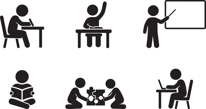 Child Activity Stick Figure Icon Set &ndash; Learning, Reading and Classroom Education Symbols
