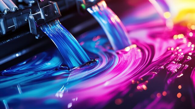 Vibrant Ink Splashes and Swirls in Dynamic Inkjet Printing Process
