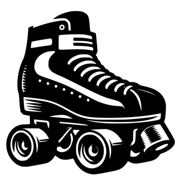Solid black vector silhouette of a classic quad roller skate boot with four wheels and a front toe stop. Sharp, clean minimalist graphic ideal for retro roller disco, vintage lifestyle, fitness sports