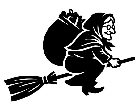 Silhouette of elderly woman with headscarf flying on broomstick carrying sack, symbolizing folklore witch or La Befana delivering gifts.
