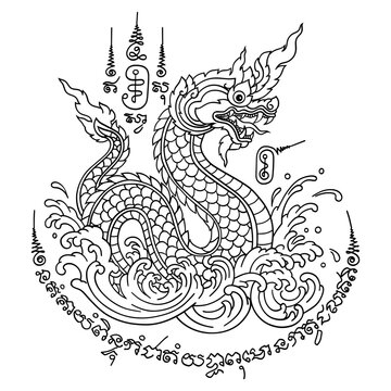 Solid black vector line art of a Thai Phaya Naga mythical serpent emerging from ocean waves. Thai text translation: protection, wealth, power