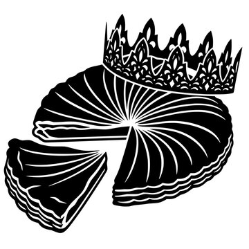 Silhouette of layered cake with ornate crown, symbolizing Galette des Rois, French Epiphany tradition, and festive royal celebration.