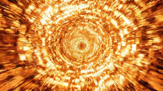 Abstract futuristic golden glowing tunnel with high speed motion blur light streaks and digital texture, concept for data transmission, hyperdrive travel and cyberspace background
