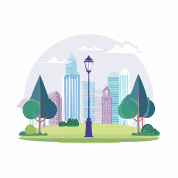 City park with skyscrapers and lamppost
