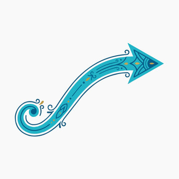 Ornate blue arrow with decorative elements pointing right on white background
