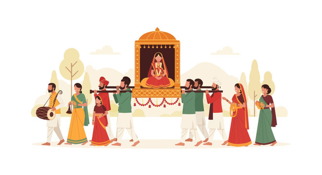 Indian Wedding Procession: Bride Carried in Palanquin with Music and Family