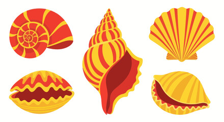 Collection of vibrant seashells in red and yellow, isolated on white background © Nur