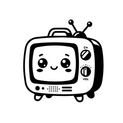 Naklejka premium Cute retro TV icon, happy smiling screen, charming monochrome cartoon character illustration in simple vector art for nostalgic media and vintage technology themes
