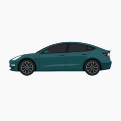 Fototapeta premium Teal Electric Sedan Car Side View Isolated on White Background