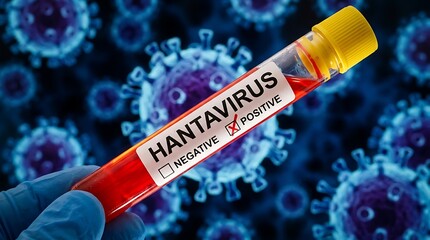 Fototapeta premium Medical test tube shows positive result for hantavirus infection with virus particles in background