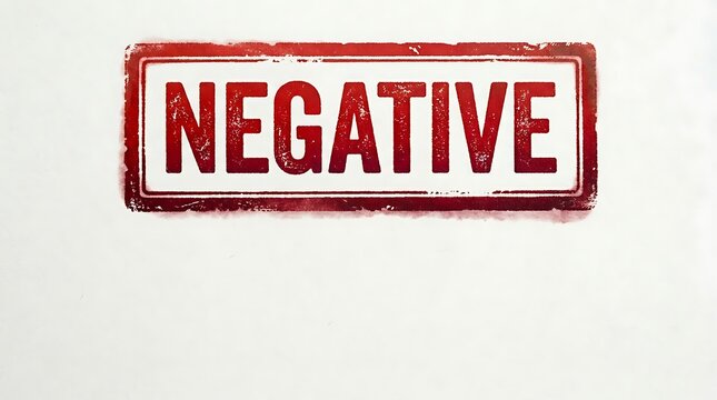 Red ink stamped word negative across a white textured background in a horizontal orientation