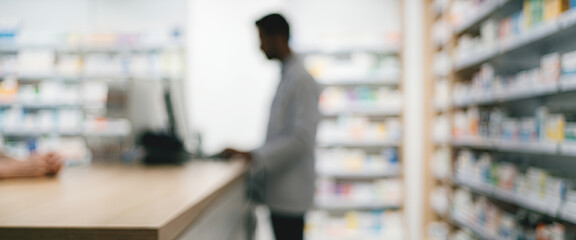 Obraz premium A blurred view of a pharmacy interior featuring a pharmacy counter and shelves stocked with various medications. A pharmacist can be seen at the counter.