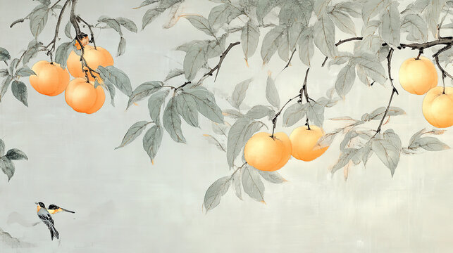 Persimmon on apricot tree Chinese ink birds frolicking gray backdrop light blue orange hues delicate strokes traditional serene clear details soft light elegant