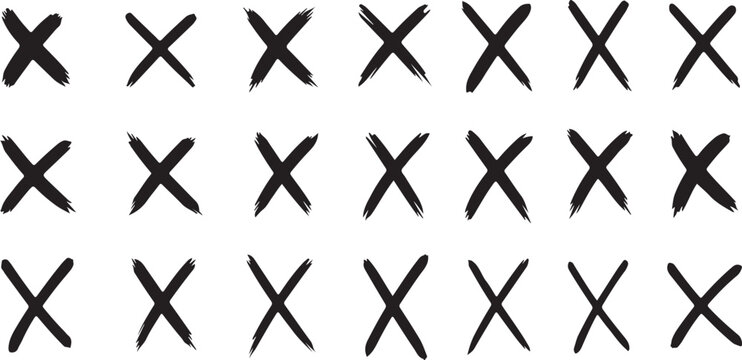 Black X marks, vector icons, symbol set isolated PNG with Transparent Background