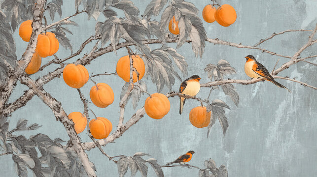 Chinese traditional art persimmon hanging apricot tree birds gray background blue orange tones delicate brushwork calm composition clear soft light elegant atmosphere