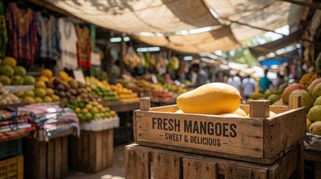A bright yellow milk mango sits inside a rustic wooden crate at a busy outdoor market, featuring clear signage that highlights the fresh and sweet produce available for local customers to purchase.