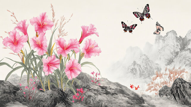 Ink painting sword lilies pink butterflies rockery light gray ground red green hues meticulous delicate high res large format