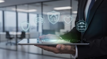 A business professional interacts with a digital tablet displaying holographic icons of insurance and security concepts.