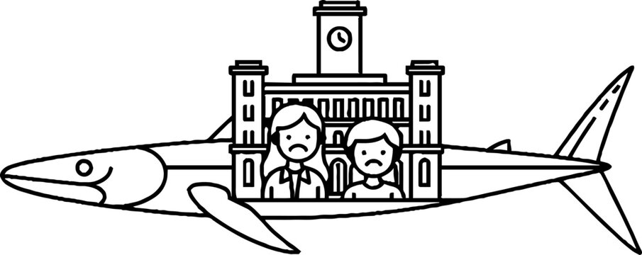 People looking worried inside a shark silhouette
