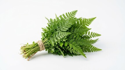 Fototapeta premium Fresh green fern leaves tied with twine, organic forest foliage bouquet, botanical fern fronds on white background, natural herbal greenery
