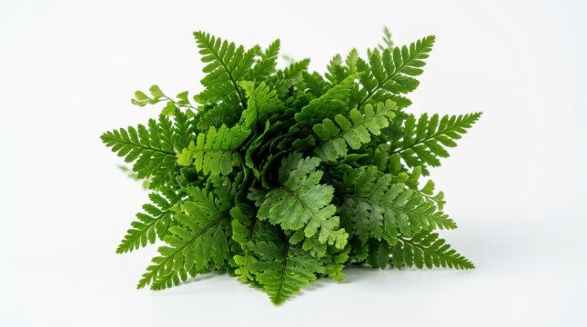 Vibrant green fern leaves on white background, fresh forest foliage bunch, organic botanical plant fronds for nature design